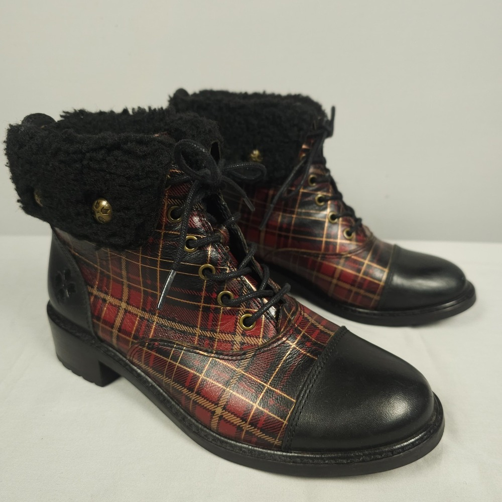 Patricia Nash Lia Boots Women 6.5 M Black Red Gold Leather Plaid Combat